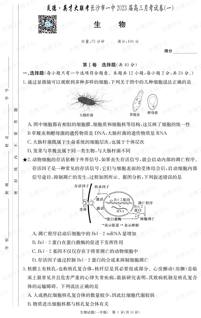 [生物]炎德英才大聯考2023屆長沙市一中高三1次月考