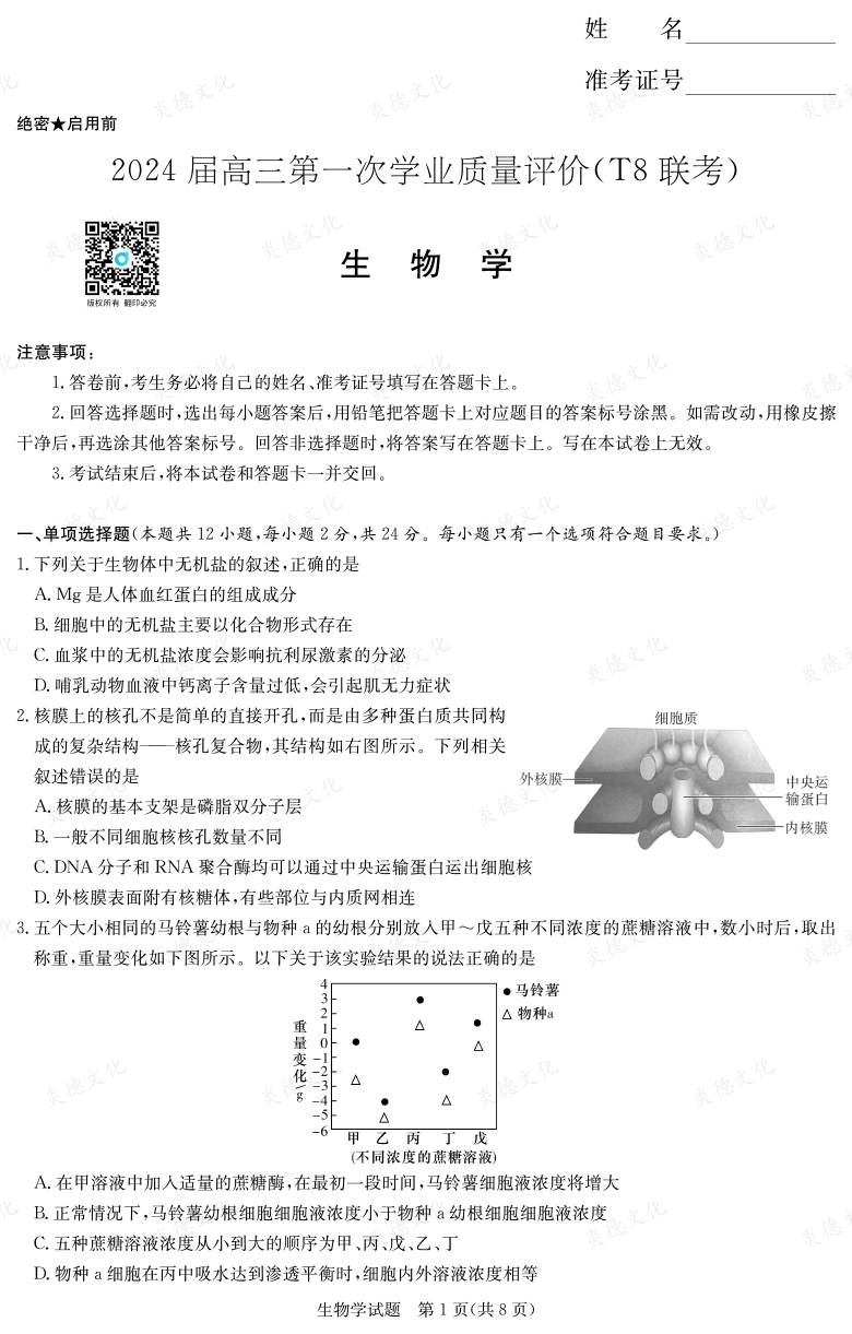 【生物】2024屆高三第一次學(xué)業(yè)質(zhì)量評(píng)價(jià)（T8聯(lián)考“附中5次”）
